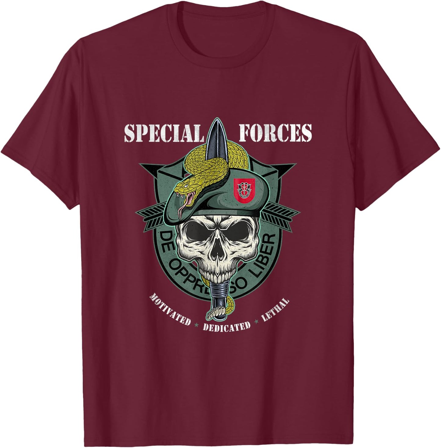 7th Special Forces Group De Oppresso Liber Military Veteran T-Shirt - T-Shirt | Maroon