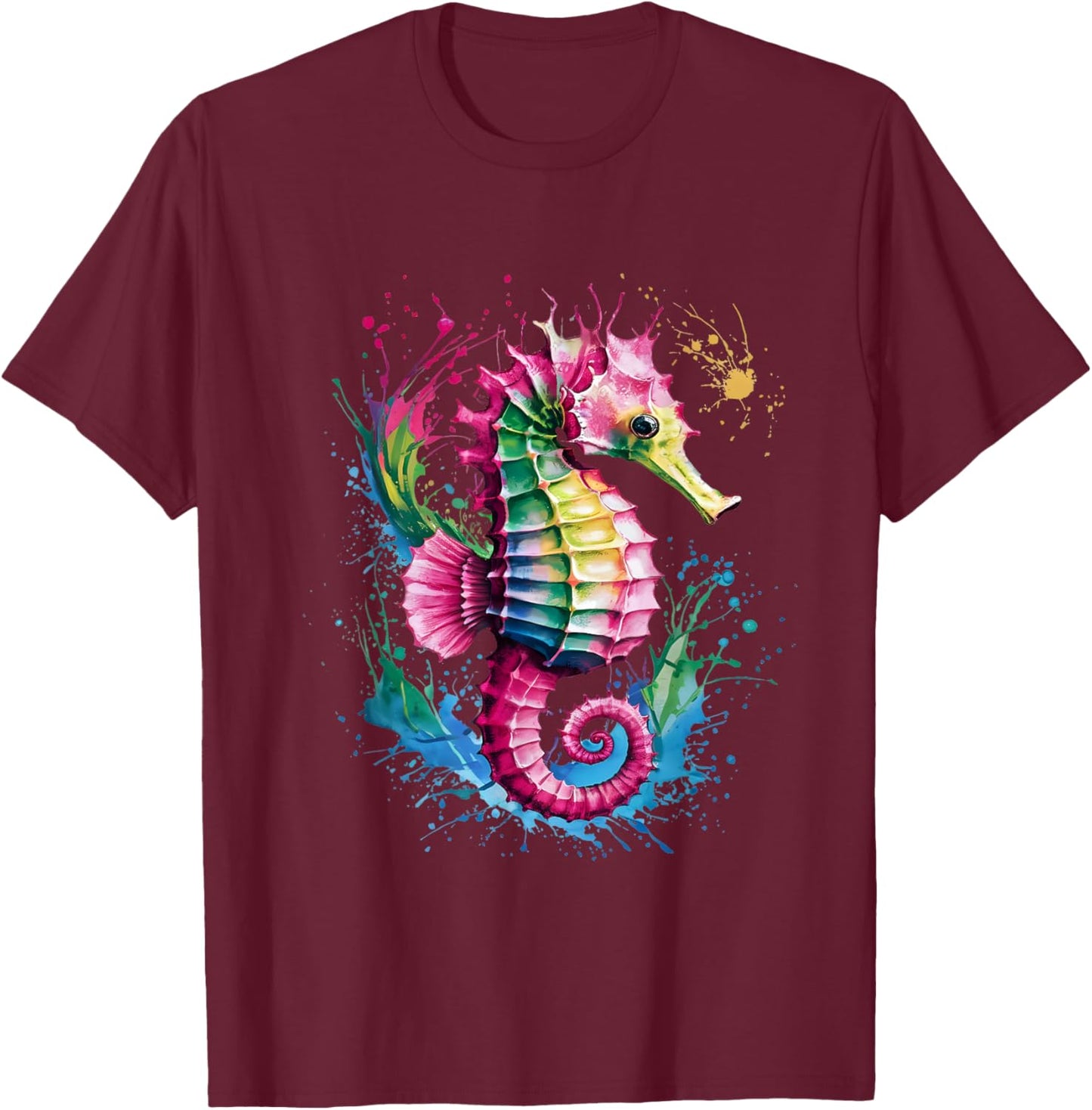 Seahorse Men Woman Colorful Watercolor Seahorse T-Shirt - T-Shirt | Maroon