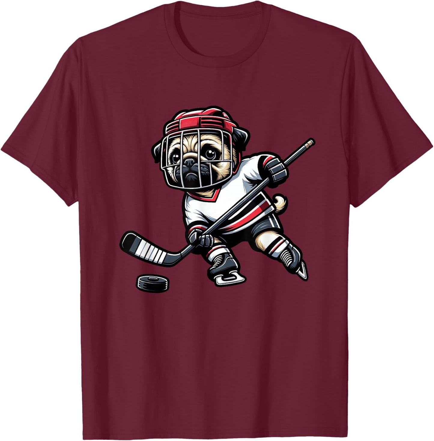 Cute Pug Hockey Player Dog Women Girls Kids T-Shirt - T-Shirt | Maroon
