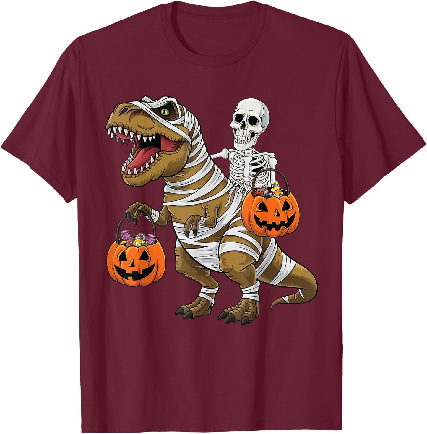 Skeleton Riding Mummy Dinosaur T rex Halloween Funny Pumpkin T-Shirt - T-Shirt | Maroon