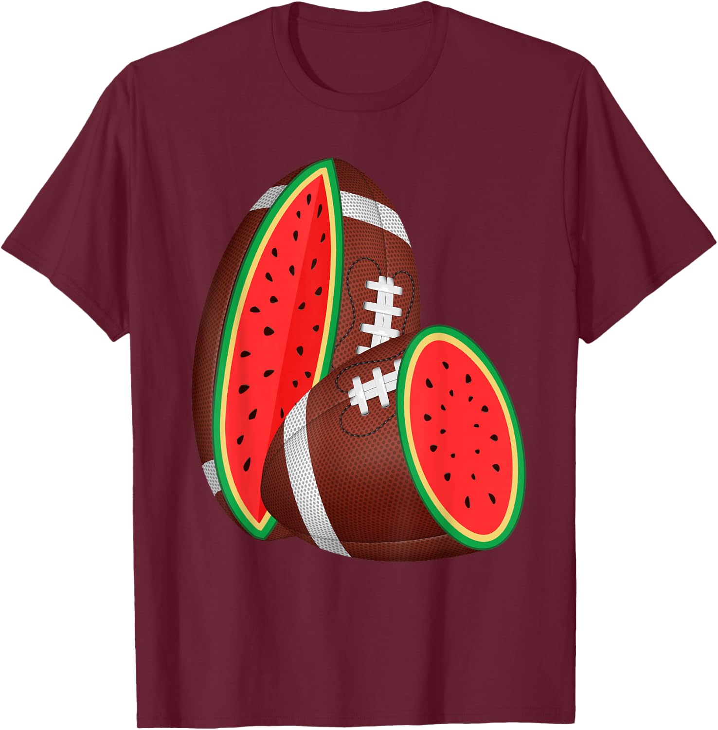 Funny Watermelon Football Ball Tropical Melon Summer Vibes Men Women Kids T-Shirt - T-Shirt | Maroon