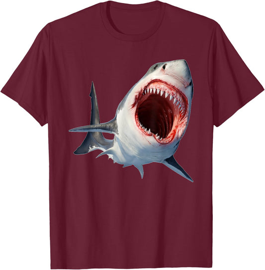 White Shark Marine Predator - Shark Biting Teeth T-Shirt - T-Shirt | Maroon