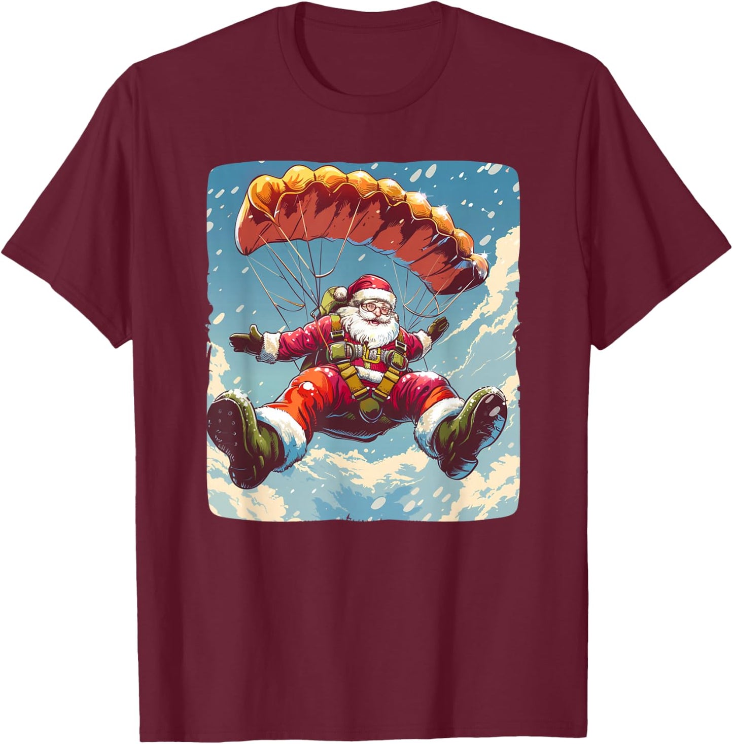 Cool Skydive Christmas with this Parachute Santa Costume T-Shirt - T-Shirt | Maroon