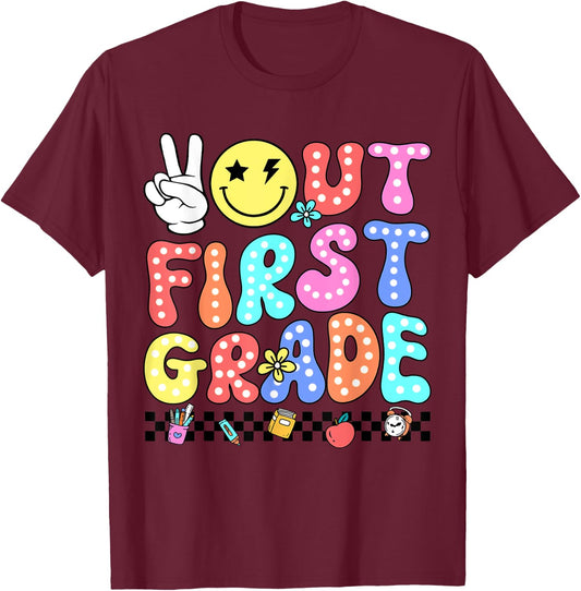 Peace Out First Grade Cute Groovy Last Day Of 1st Grade T-Shirt - T-Shirt | Maroon