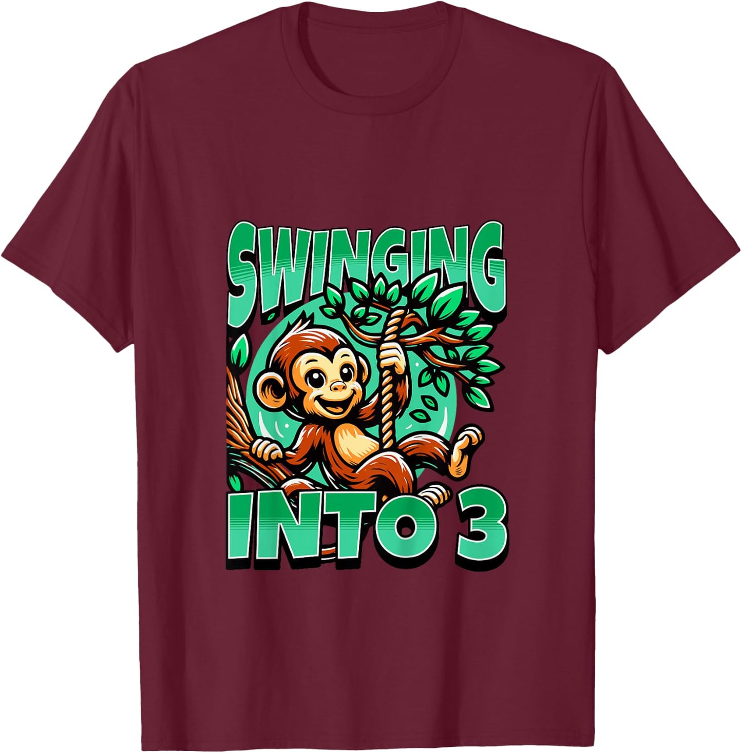 Monkey Swinging Into 3 Year Old 3rd Birthday Boy Girl T-Shirt - T-Shirt | Maroon