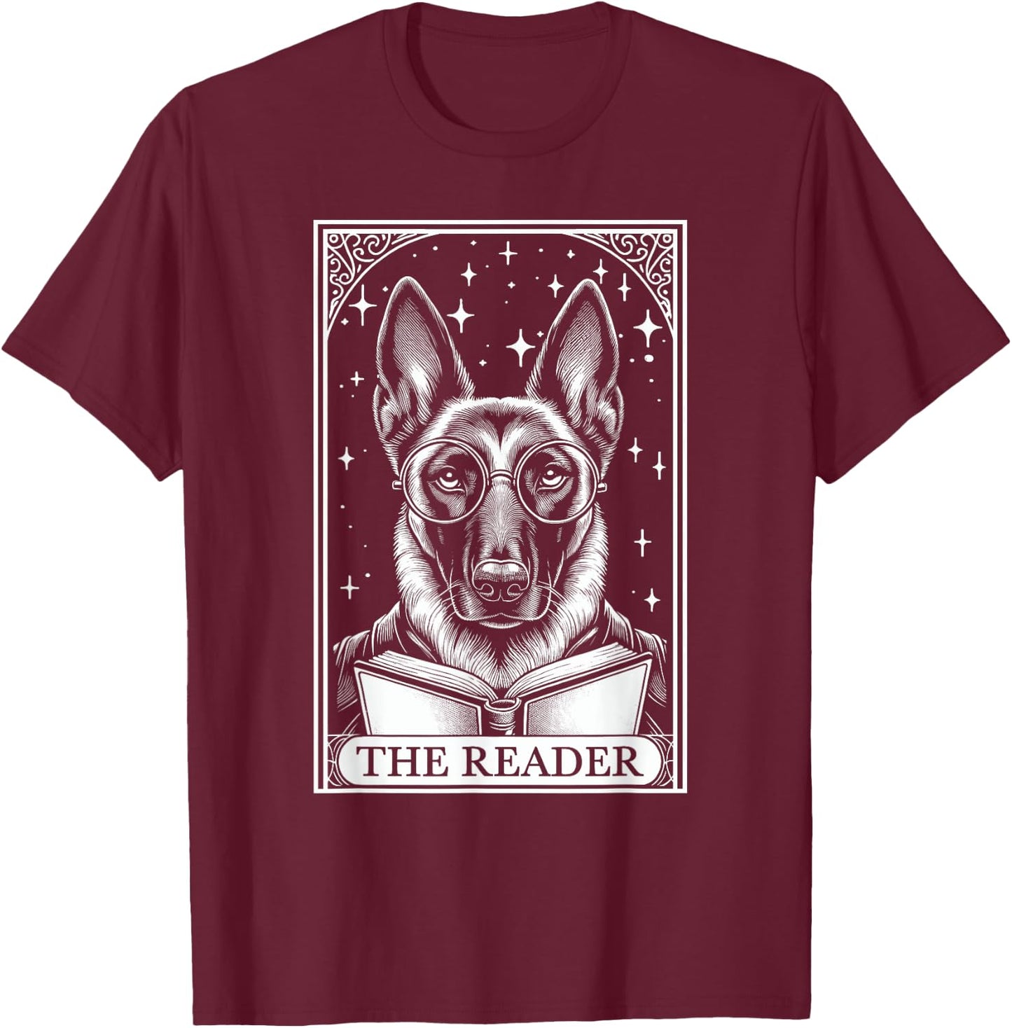 Tarot Card Vintage Belgian Malinois Book Lover The Reader T-Shirt - T-Shirt | Maroon