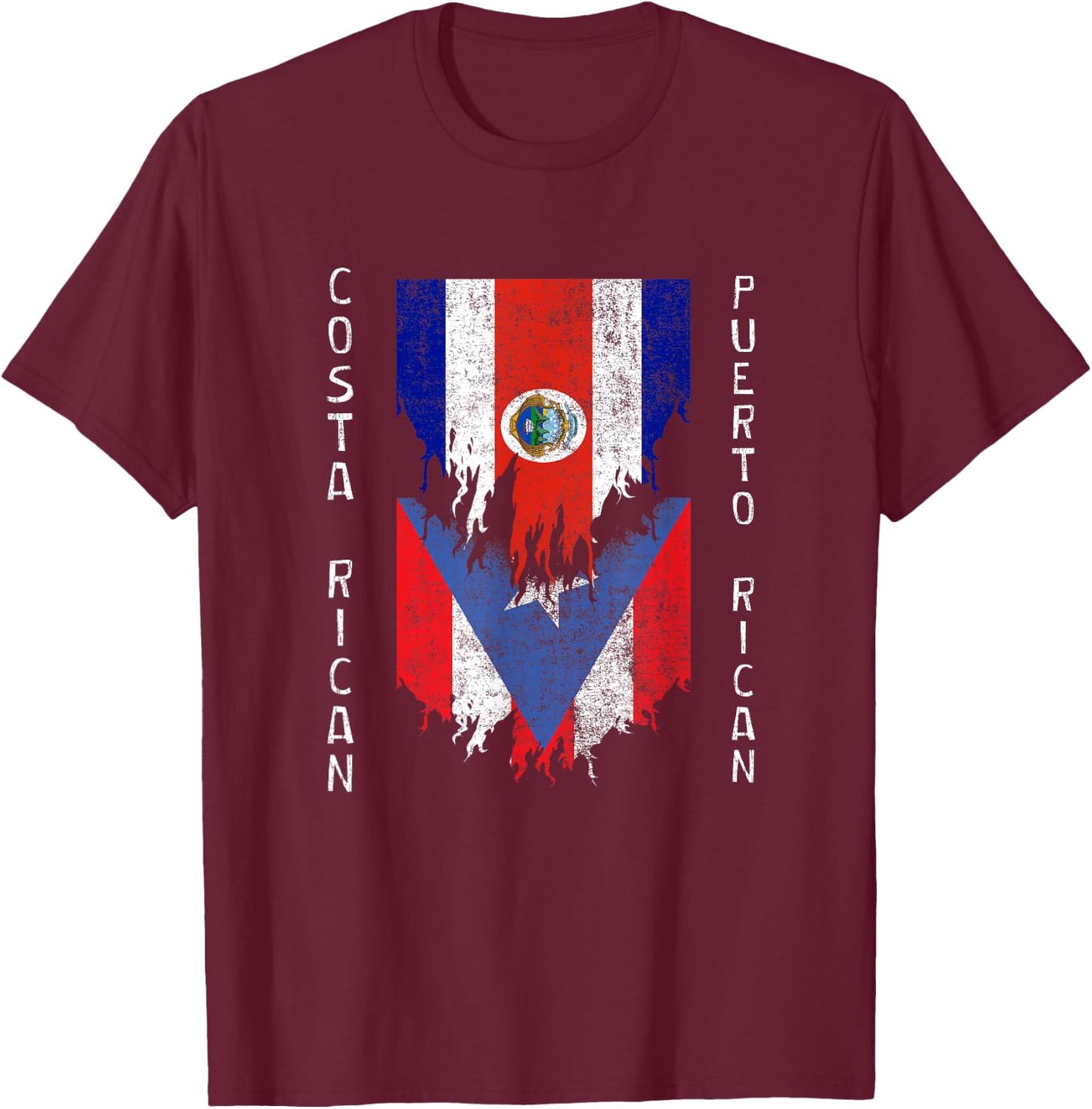 Costa Rican Puerto Rican Flags Ripped Costa Rica Puerto Rico T-Shirt - T-Shirt | Maroon