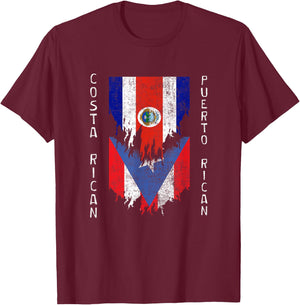 Costa Rican Puerto Rican Flags Ripped Costa Rica Puerto Rico T-Shirt - T-Shirt | Maroon