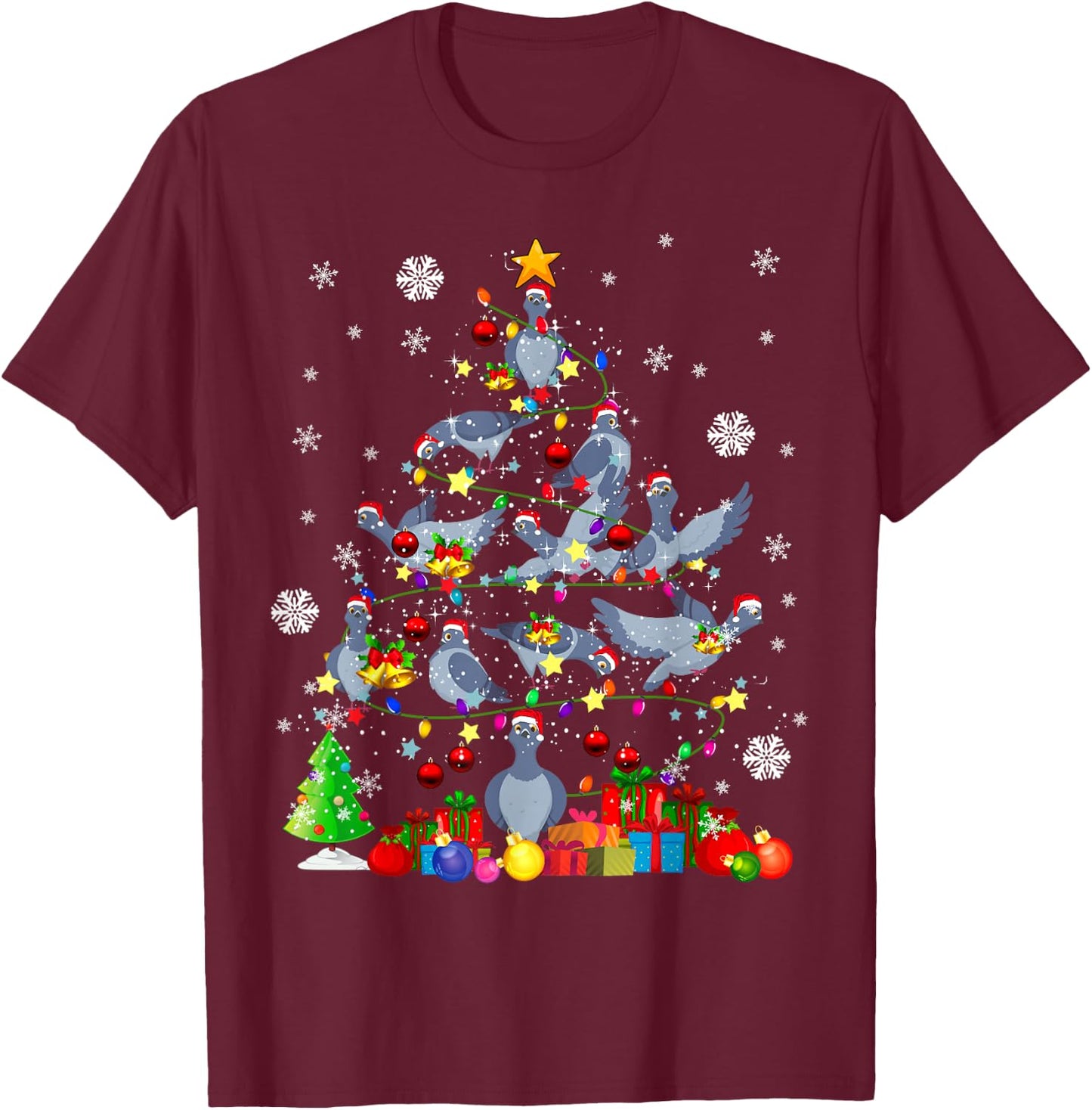 Christmas Tree Light Santa Pigeon Bird Lover T-Shirt - T-Shirt | Maroon