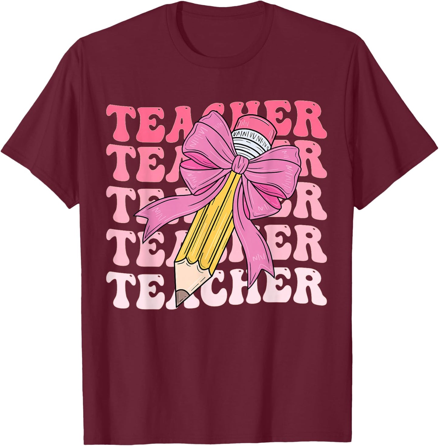 Teacher Pencil Back to School Groovy Pink Teacher First Day T-Shirt - T-Shirt | Maroon