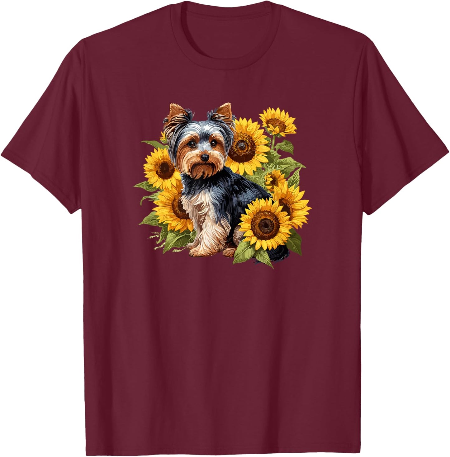 & Girls Cute Sunflowers Yorkie Lover T-Shirt - T-Shirt | Maroon