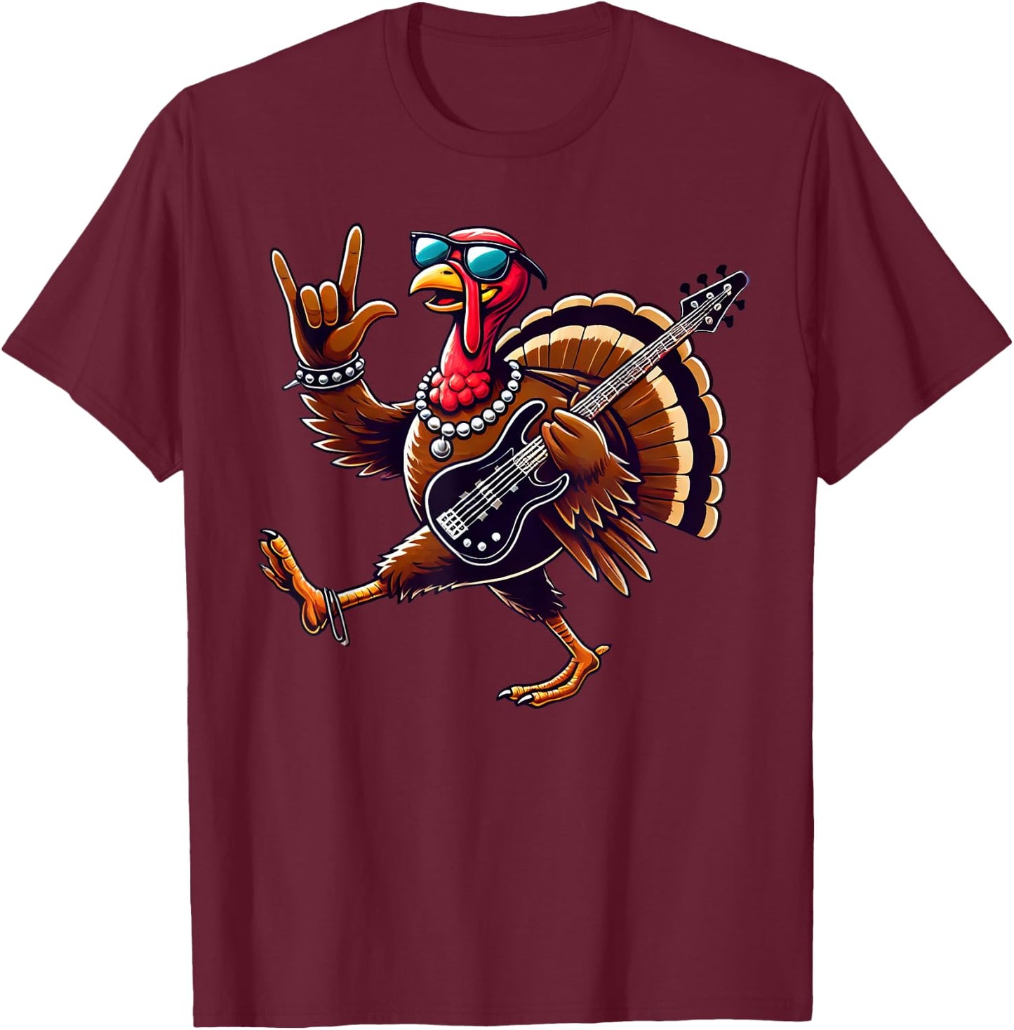 Rock n Roll Turkey Costume Funny Thanksgiving T-Shirt - T-Shirt | Maroon