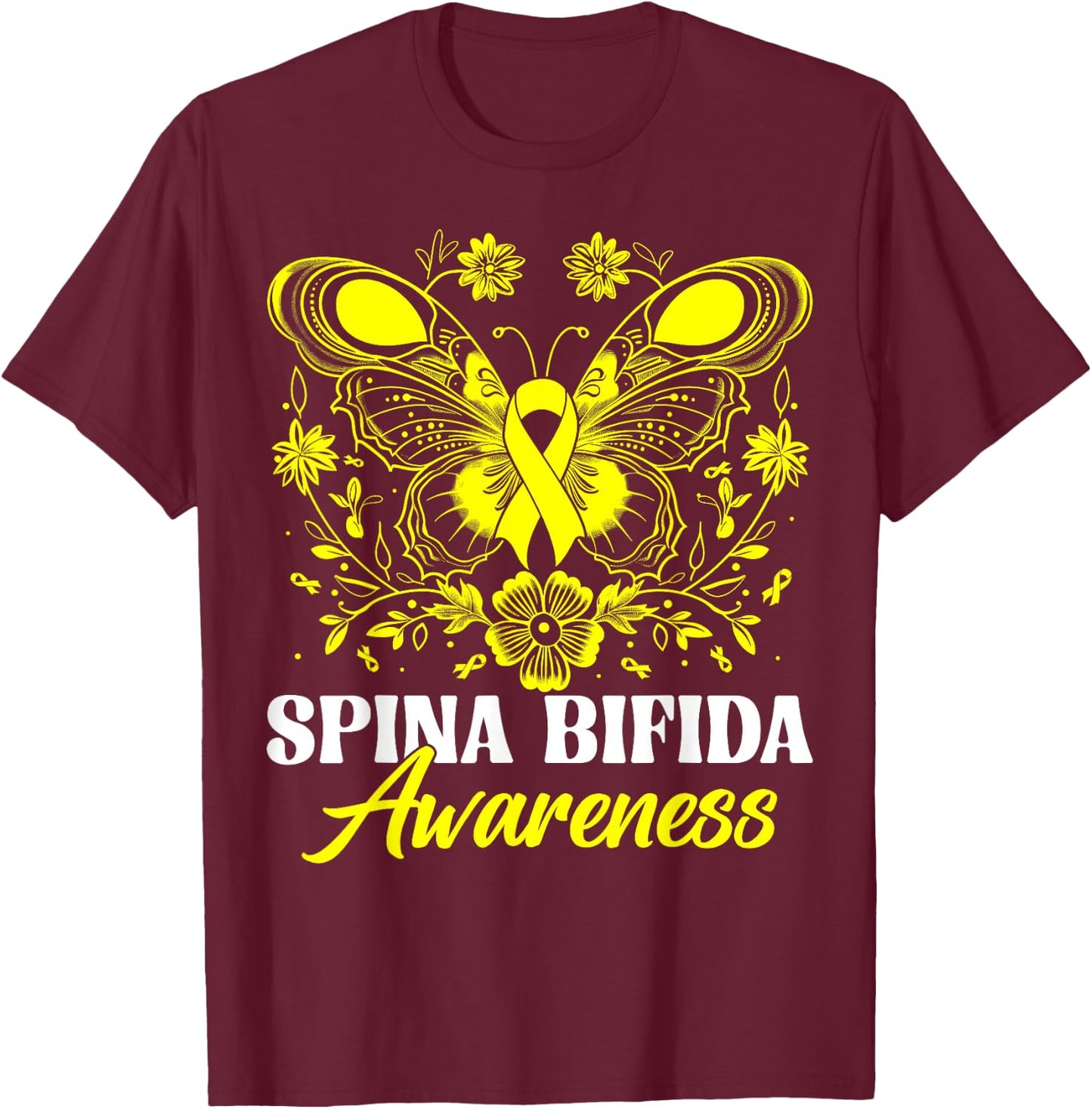 Spina Bifida Awareness Month Warrior Yellow Ribbon Butterfly T-Shirt - T-Shirt | Maroon