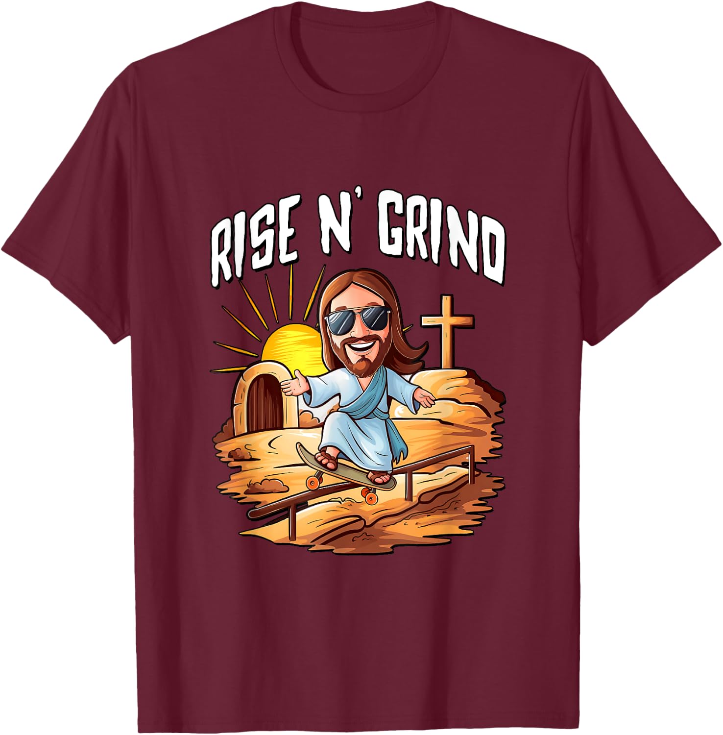 Rise N' Grind - Jesus Riding A Skateboard T-Shirt - T-Shirt | Maroon