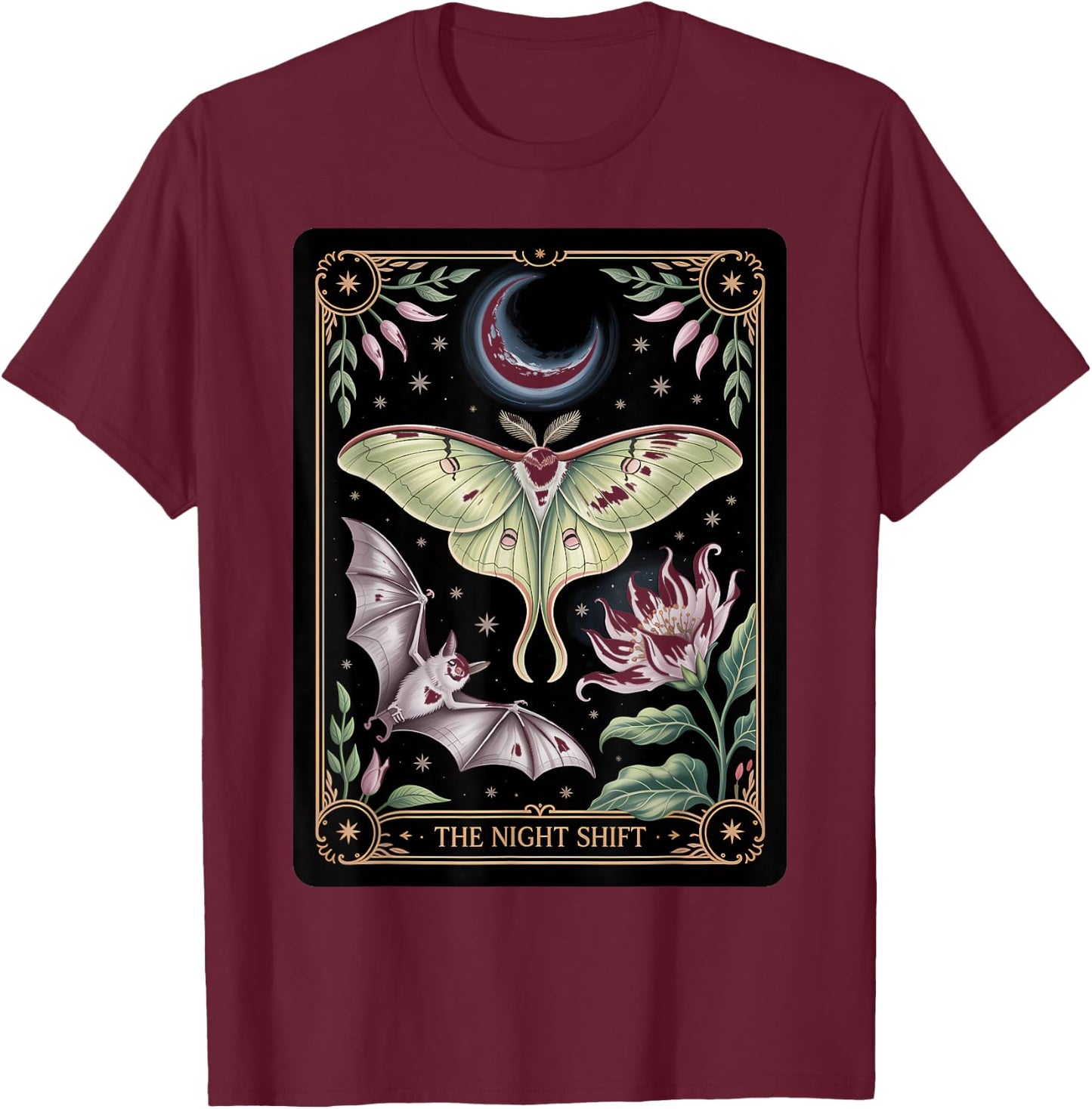 The Night Shift Mystical Luna Moth Bat Nocturnal Pollinator T-Shirt - T-Shirt | Maroon