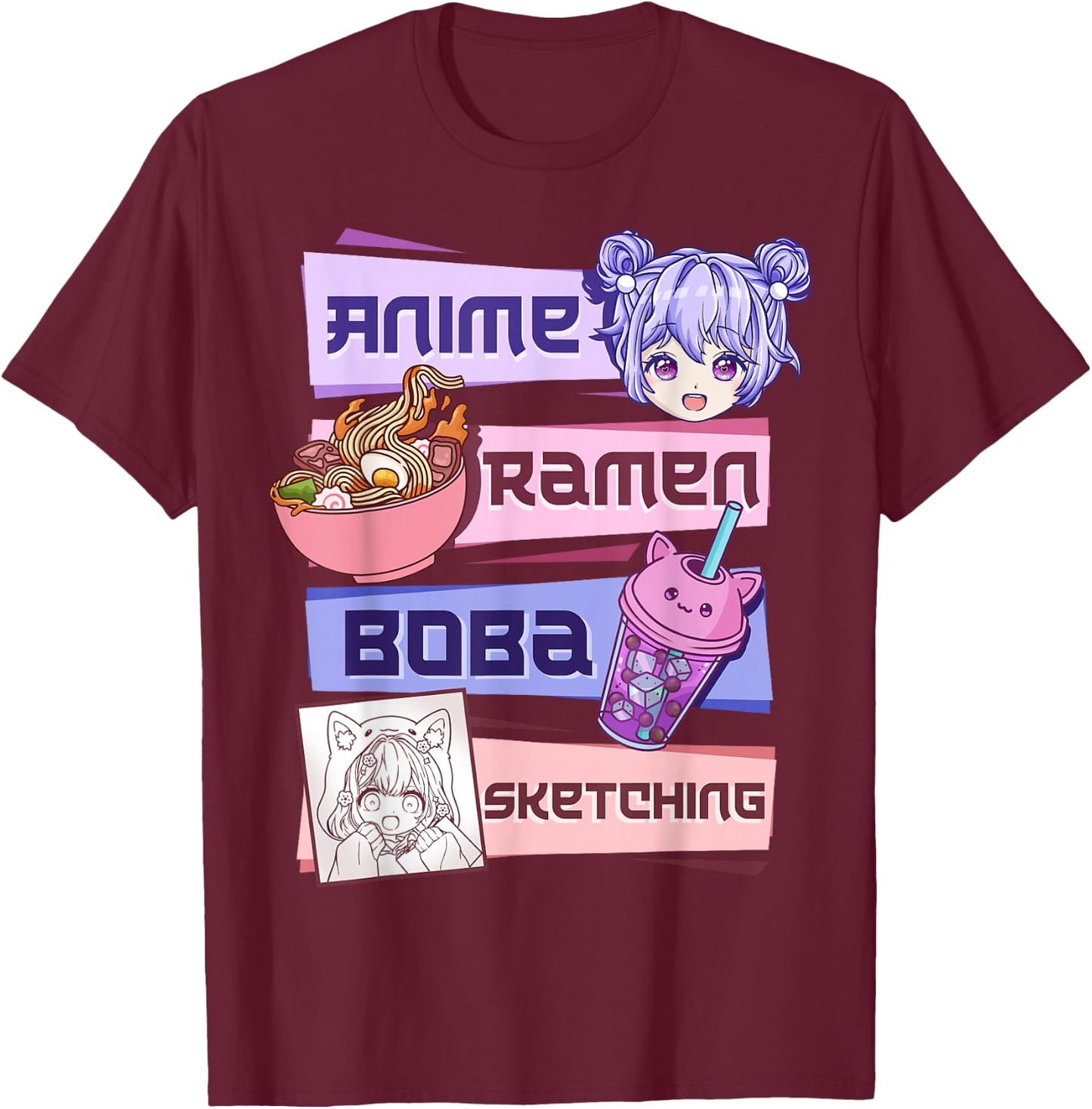 Anime Girl Ramen Boba Tea Bubble Tea Sketching T-Shirt - T-Shirt | Maroon
