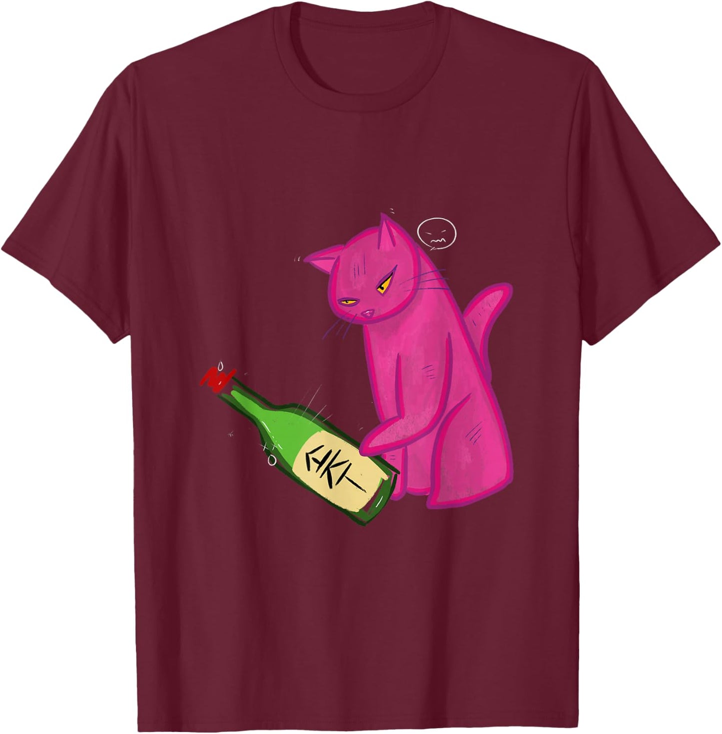 Pink Cat Tipping Soju Bottle T-Shirt - T-Shirt | Maroon
