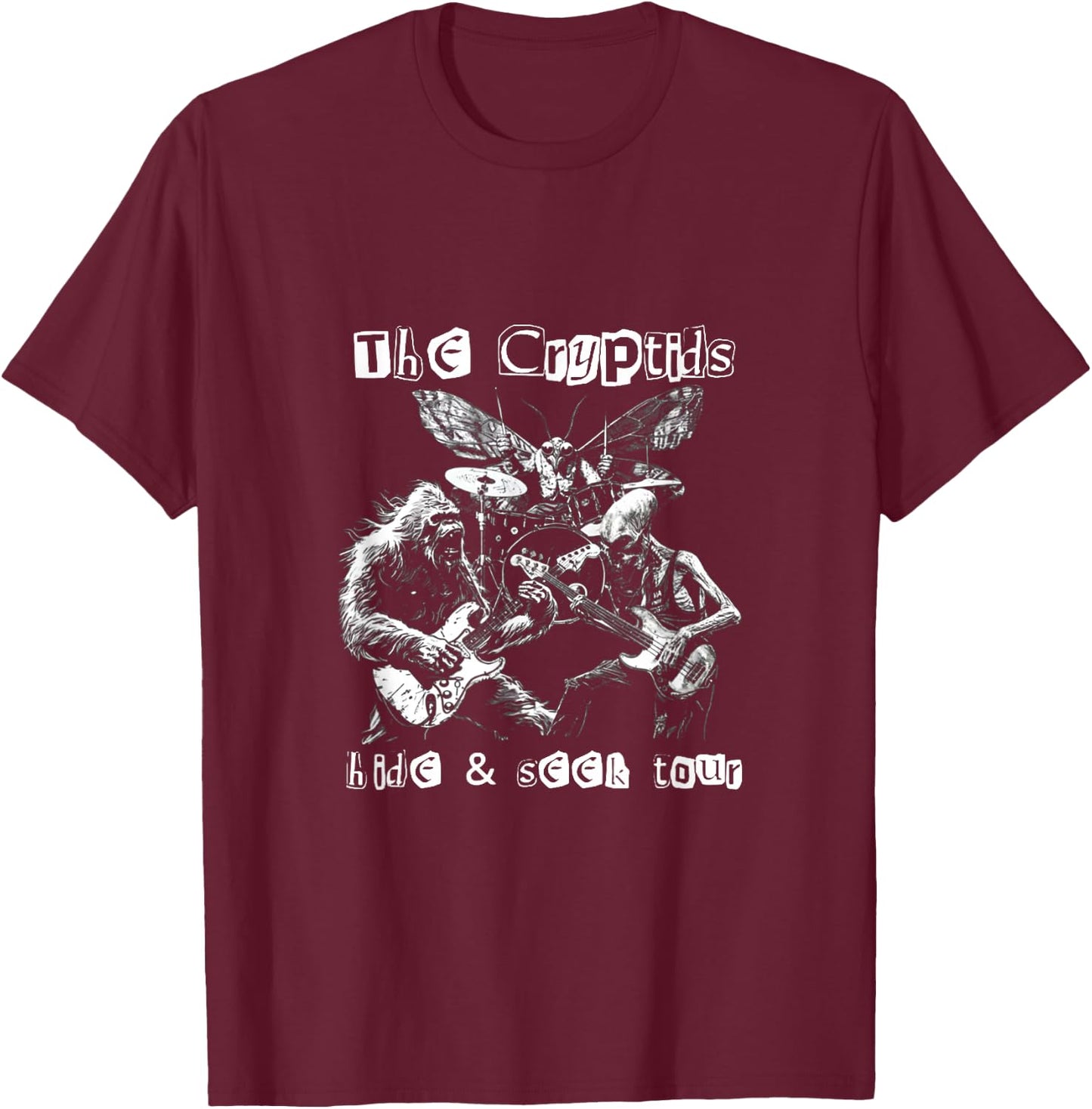 The Cryptids Hide & Seek Tour CryptidBigfoot Mothman UFO T-Shirt - T-Shirt | Maroon
