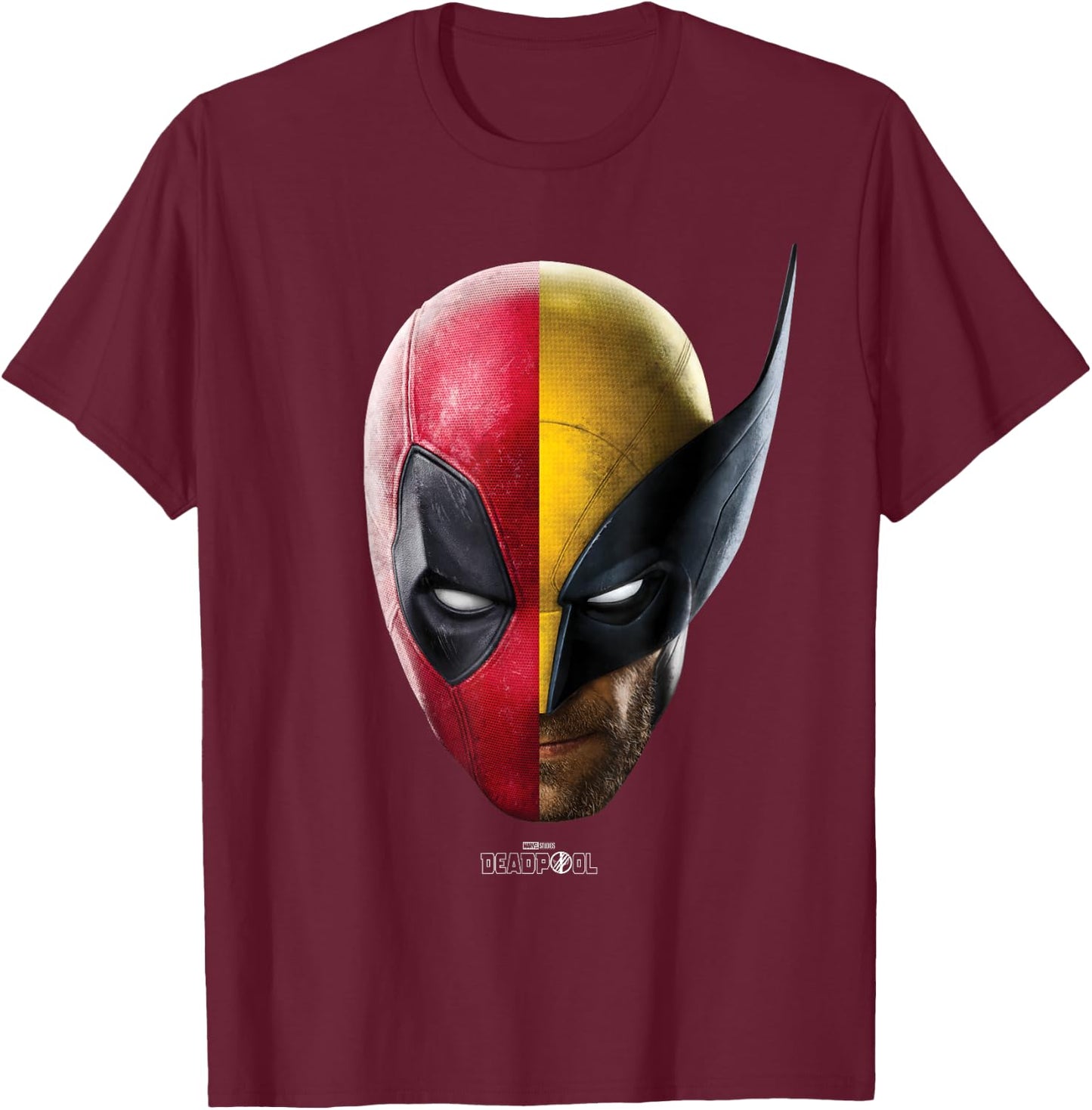 Marvel Deadpool & Wolverine Split Face Portrait T-Shirt - T-Shirt | Maroon