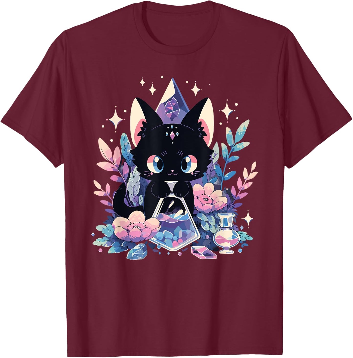 Cute Kawaii Witch Black Cat Crystal Alchemist Pastel Goth T-Shirt - T-Shirt | Maroon