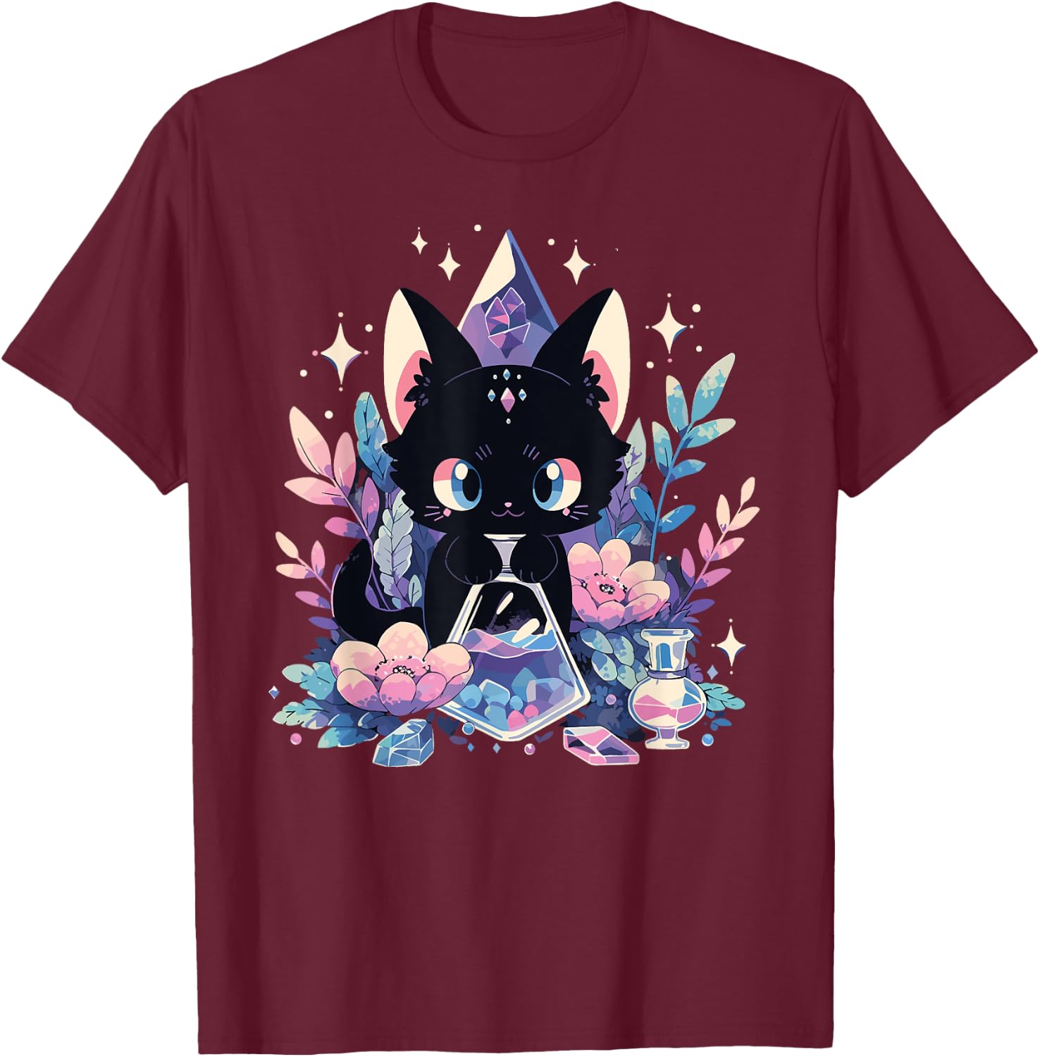 Cute Kawaii Witch Black Cat Crystal Alchemist Pastel Goth T-Shirt - T-Shirt | Maroon