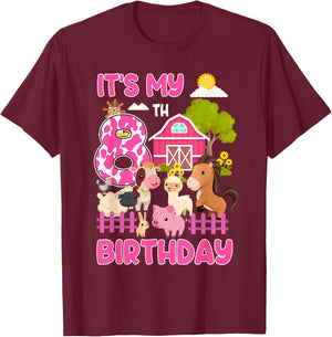 It’s My 8th Birthday Farm Animals 8 Year Old Girl Party T-Shirt - T-Shirt | Maroon