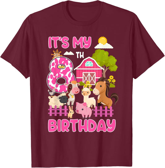 It’s My 8th Birthday Farm Animals 8 Year Old Girl Party T-Shirt - T-Shirt | Maroon