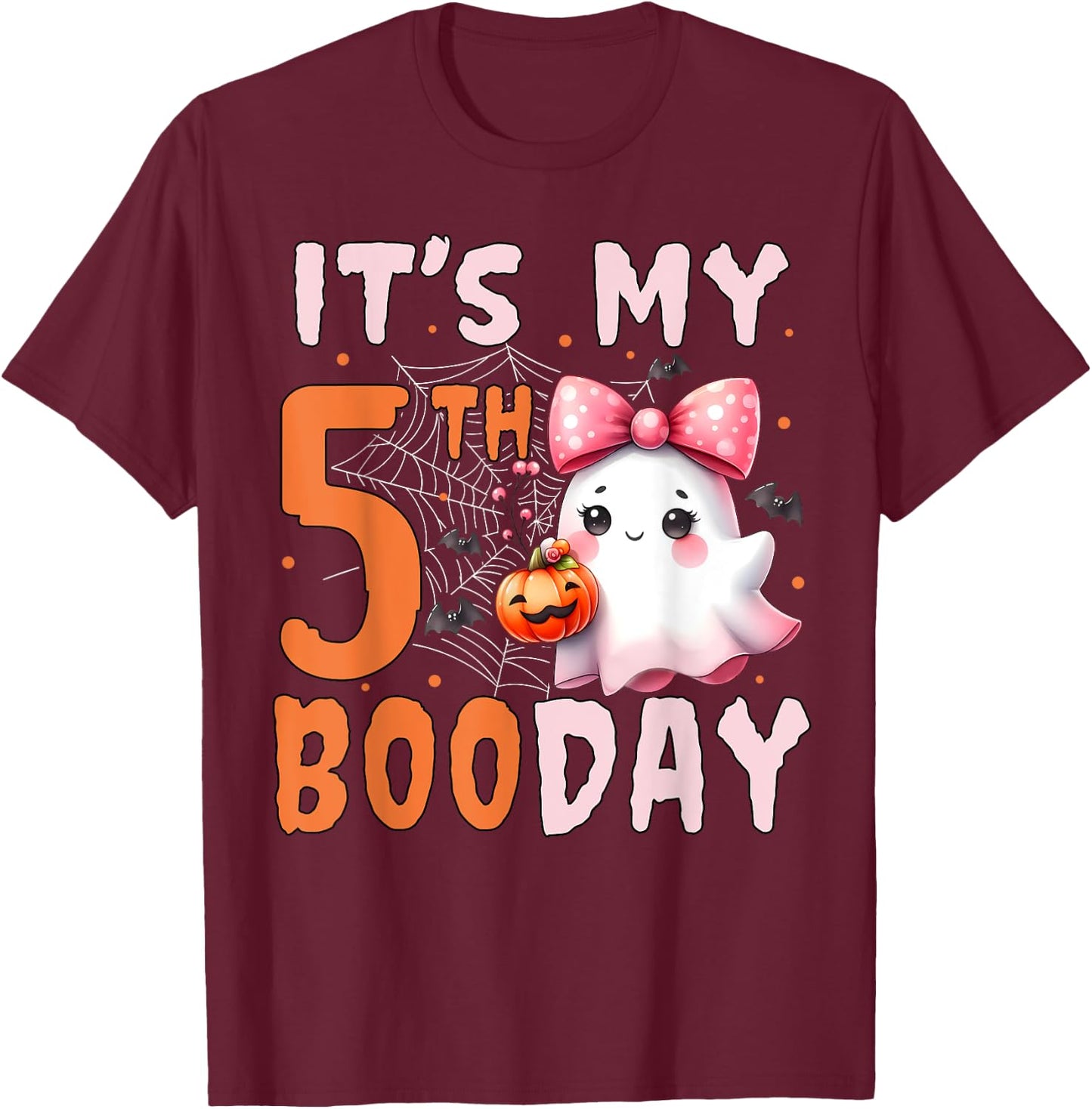 Its My Boo Day Cute Halloween 5th Birthday Ghost Bow Girl T-Shirt - T-Shirt | Maroon