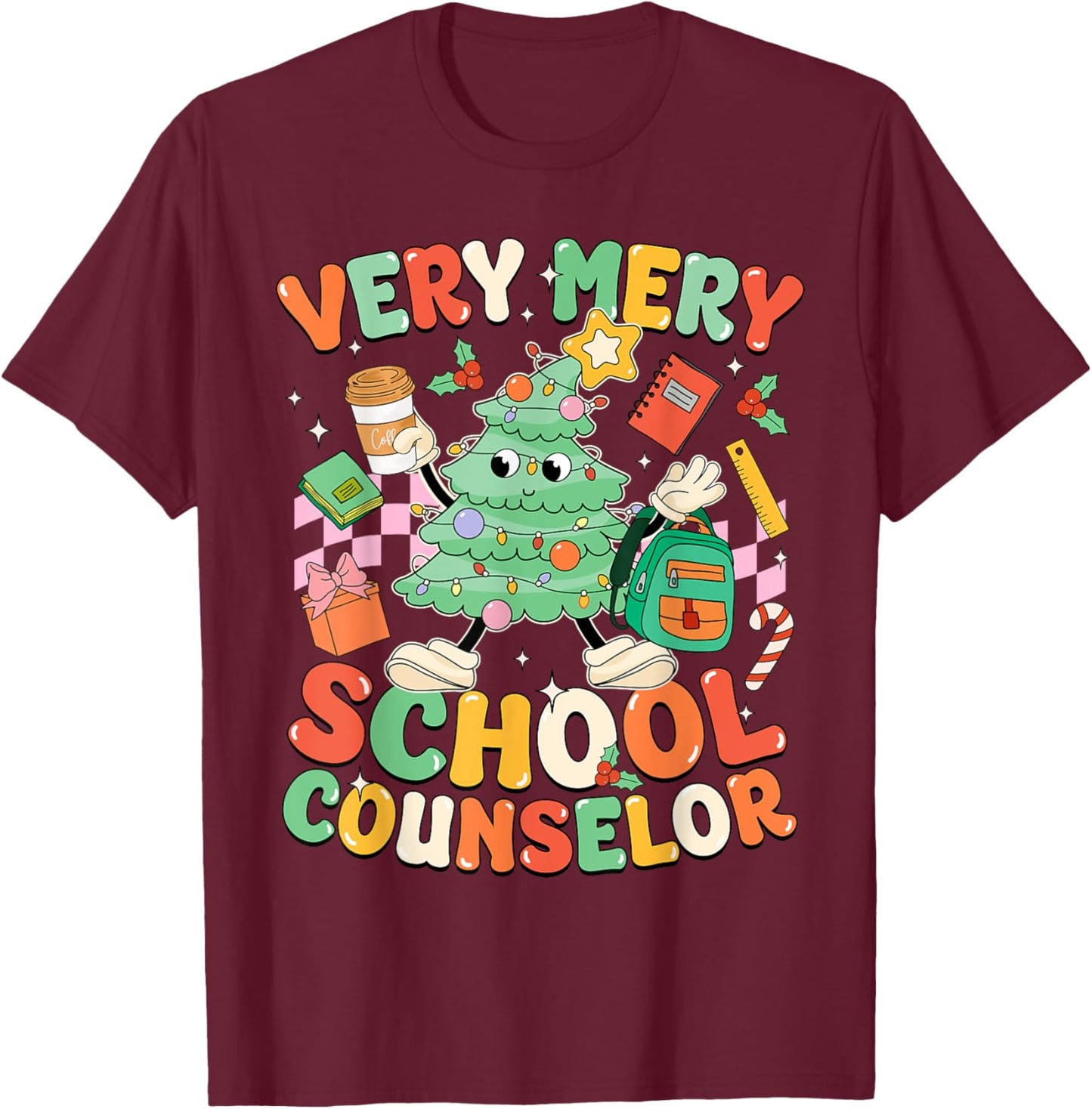 Very Merry School Counselor Funny Christmas Counselor T-Shirt - T-Shirt | Maroon