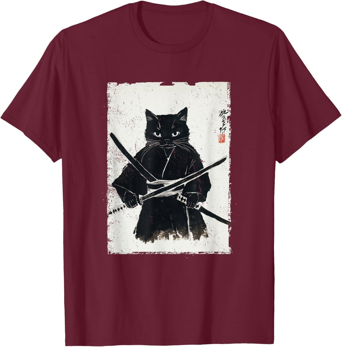 Vintage Samurai Cat Graphic Art Japanese Ukiyo-e T-Shirt - T-Shirt | Maroon