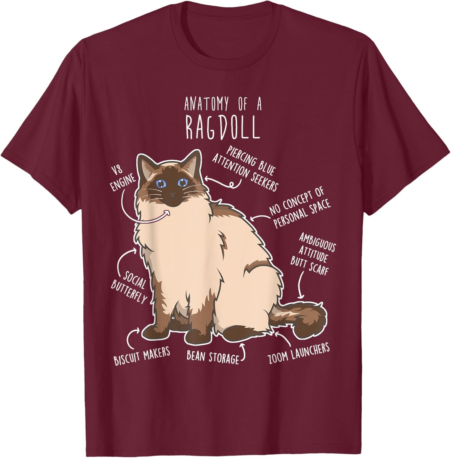 Ragdoll Cat Anatomy, Funny Cute Pet Mom Dad, Seal Point T-Shirt - T-Shirt | Maroon