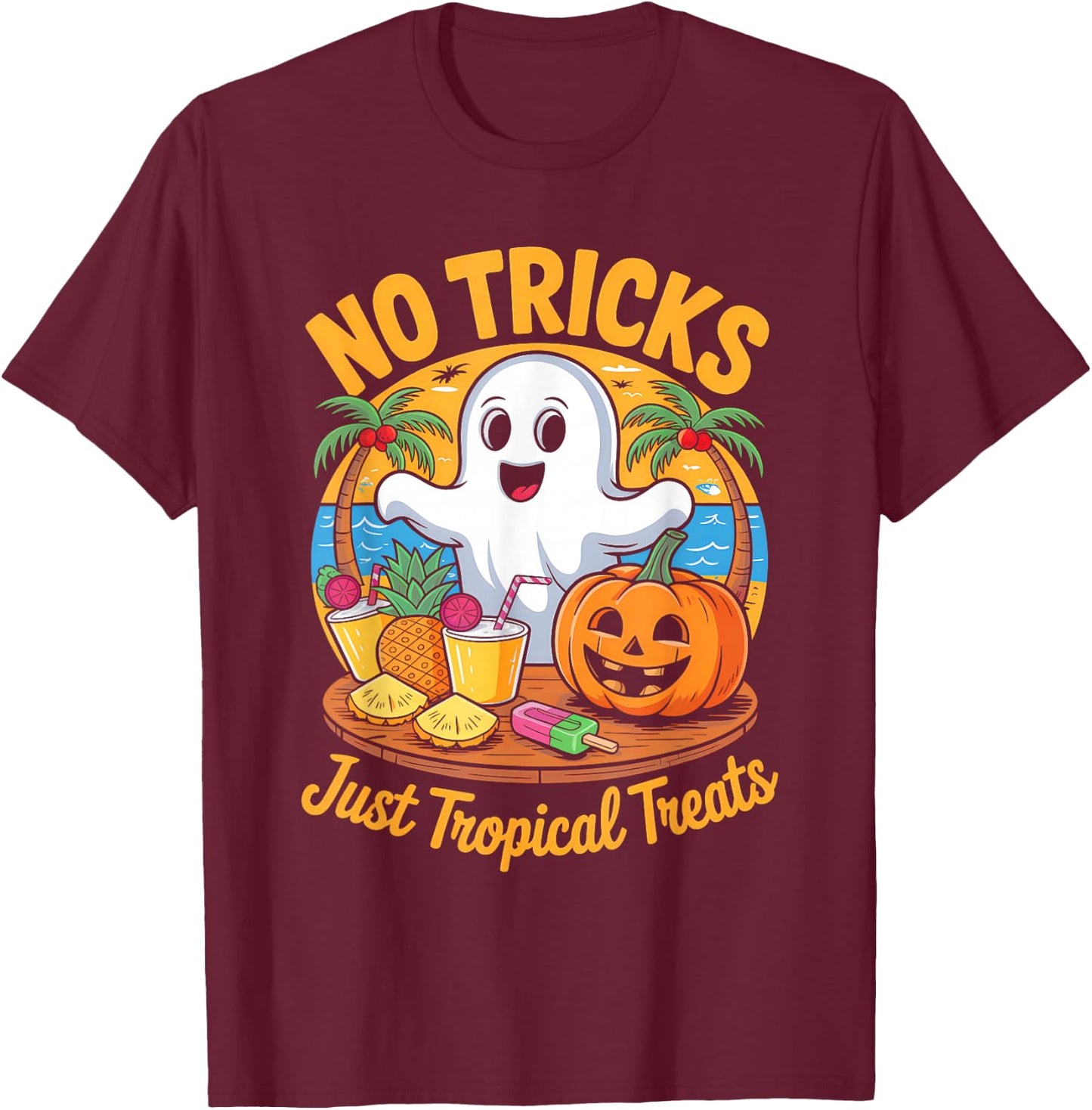 Cute Summerween Ghost Funny Beach Halloween T-Shirt - T-Shirt | Maroon