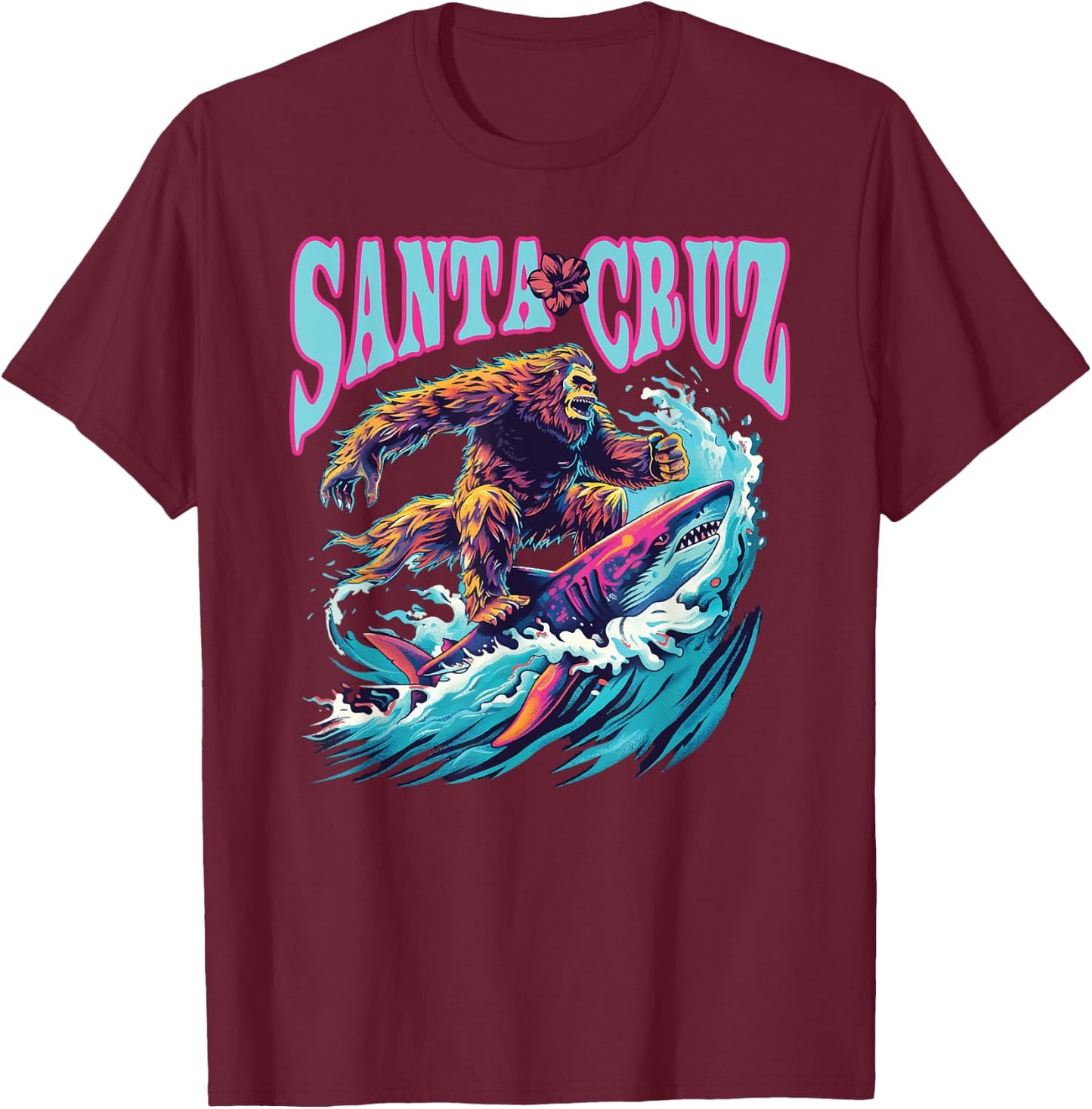 Santa Cruz California Summer Surfing Bigfoot Shark Women Kids T-Shirt - T-Shirt | Maroon