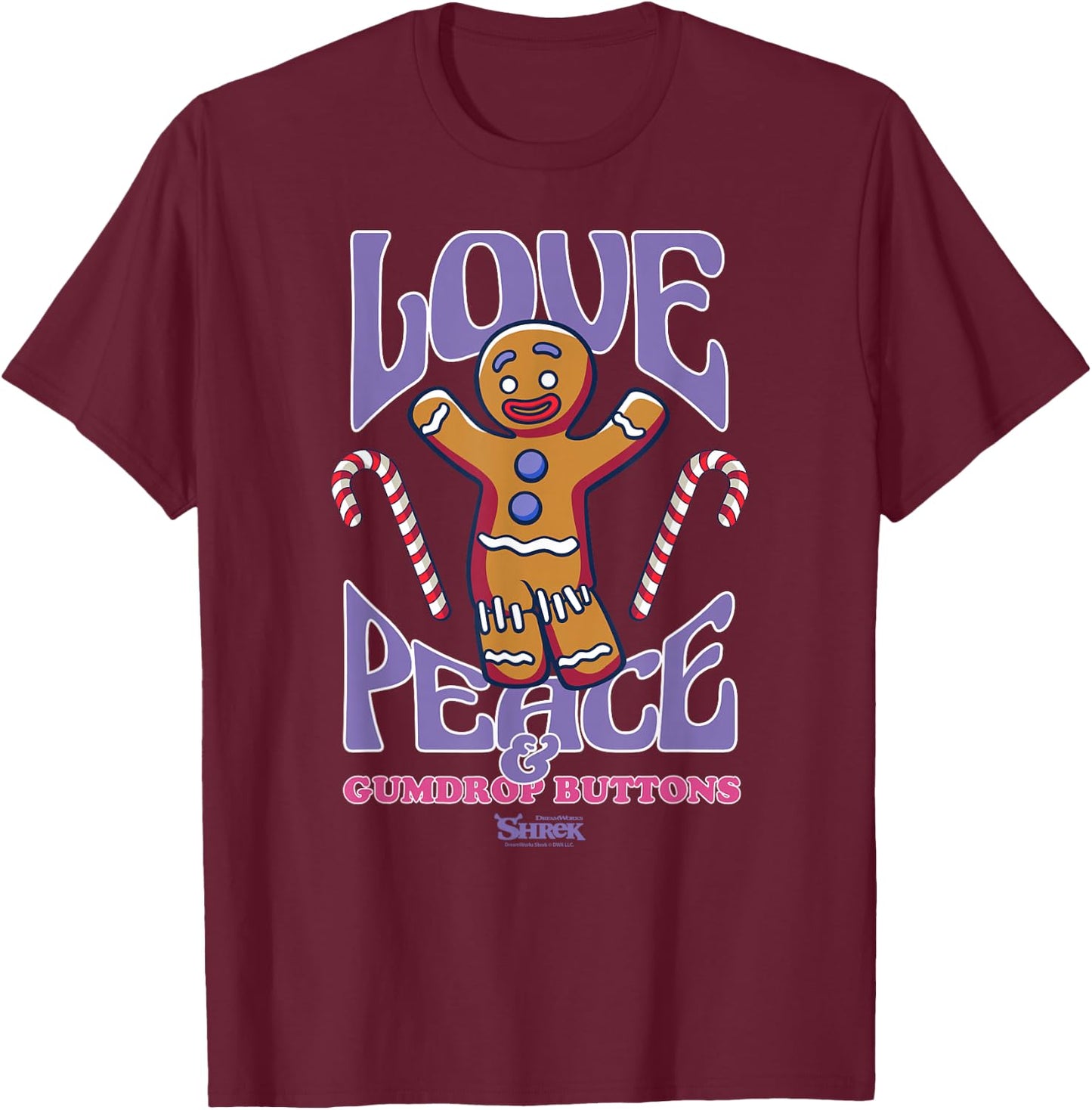 Shrek Gingy Love Peace & Gumdrop Buttons T-Shirt - T-Shirt | Maroon