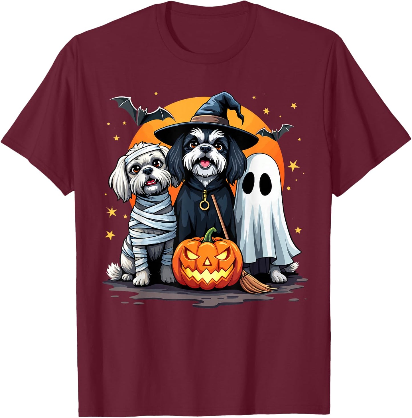 Shih Tzu Halloween Costume Mummy Witch Ghost Dog Lover Men Women Kids T-Shirt - T-Shirt | Maroon