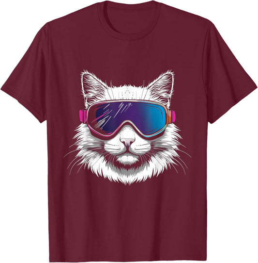 Ski Snowboard Cat Goggles Winter Sports Snowboarder Skiing T-Shirt - T-Shirt | Maroon