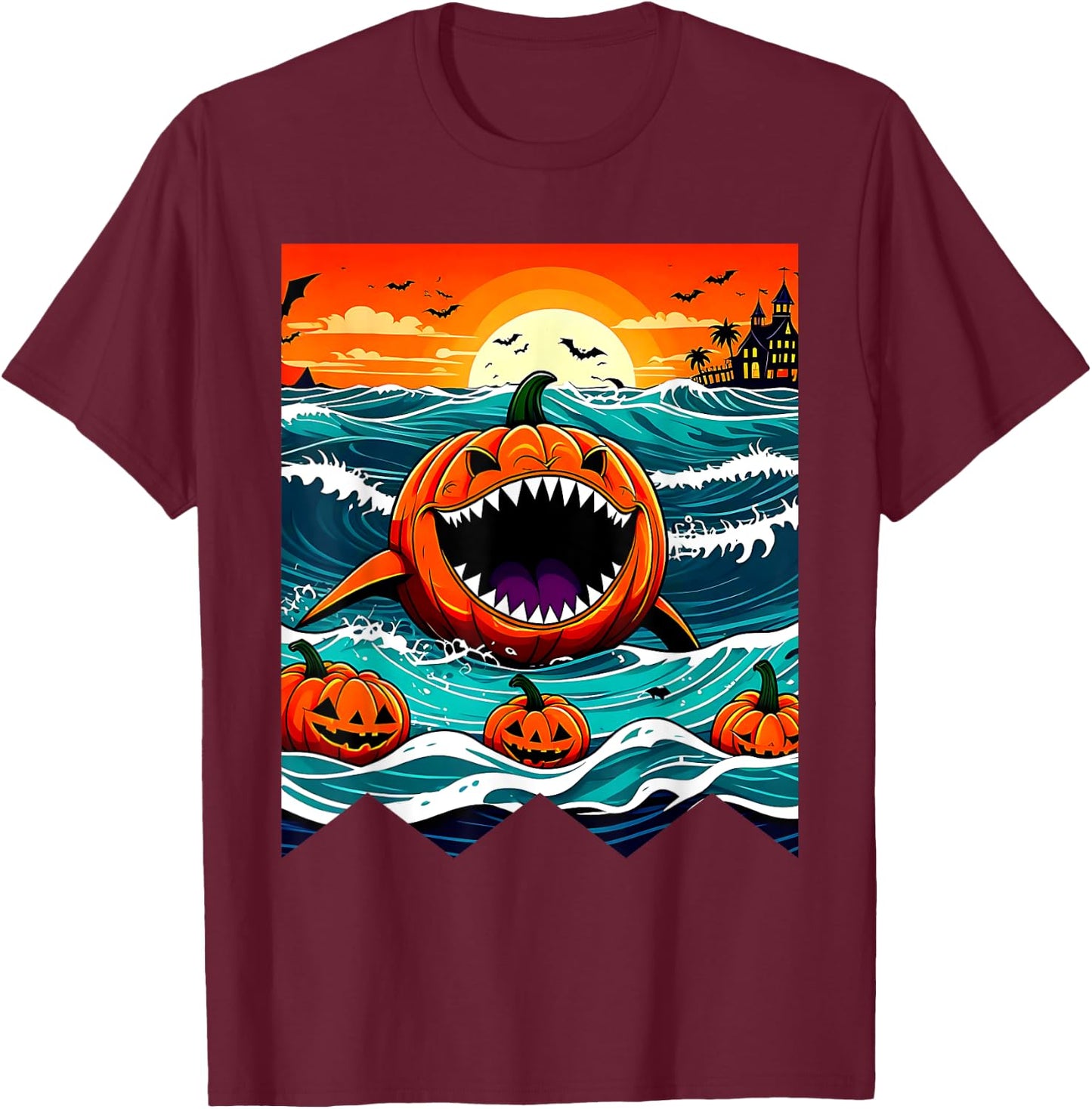 Halloween Pumpkin Shark Funny Summerween Spooky Summer Kids T-Shirt - T-Shirt | Maroon