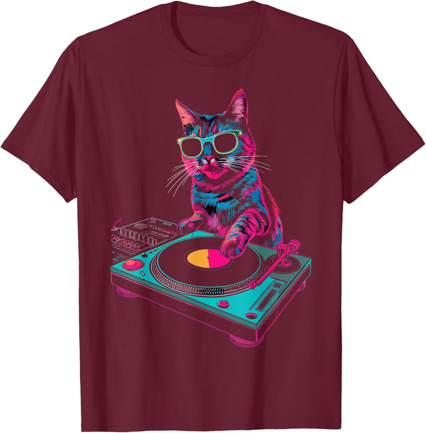 House DJ Cat Rainbow DJ Cat Kitty on Turntable Disco DJ Cat , Small, Black T-Shirt - T-Shirt | Maroon