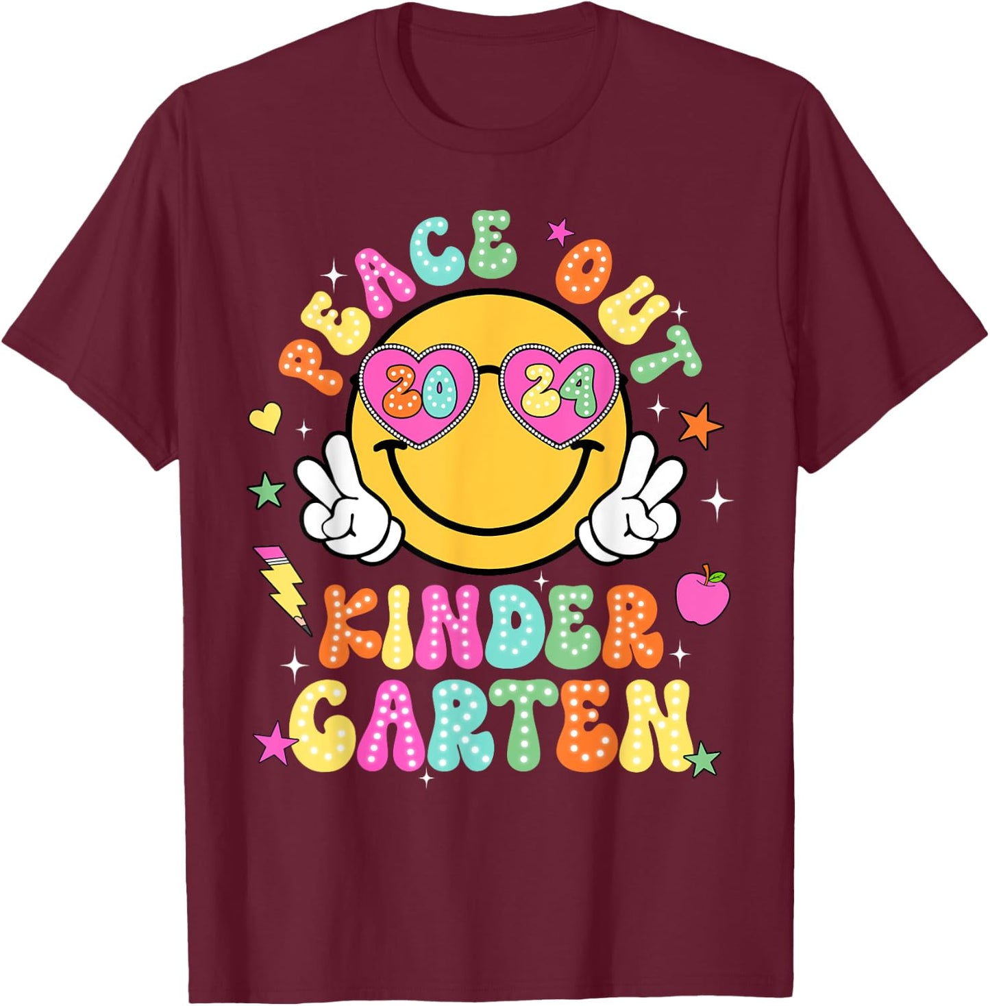 Peace Out Kindergarten Cute Groovy Last Day of Kindergarten T-Shirt - T-Shirt | Maroon