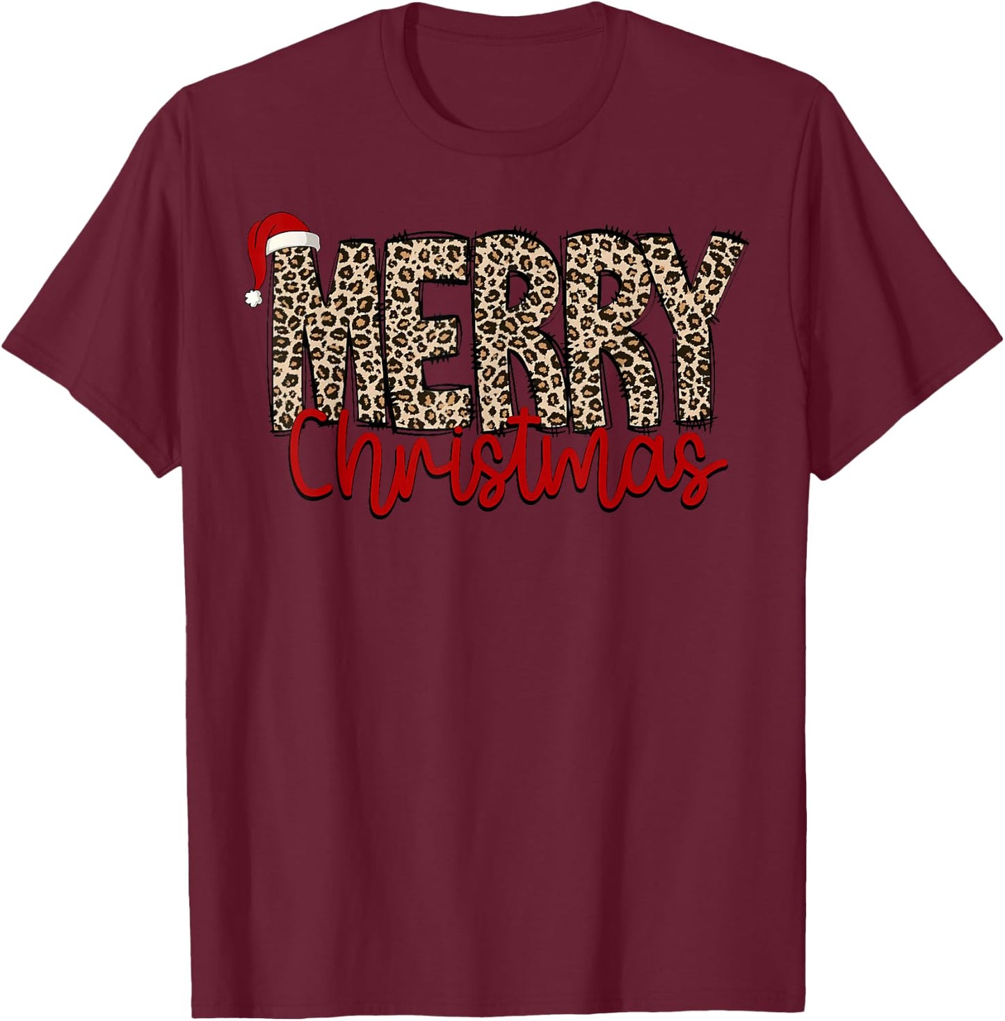 Merry Christmas Leopard Santa Hat Cheetah Print Xmas Pajamas T-Shirt - T-Shirt | Maroon