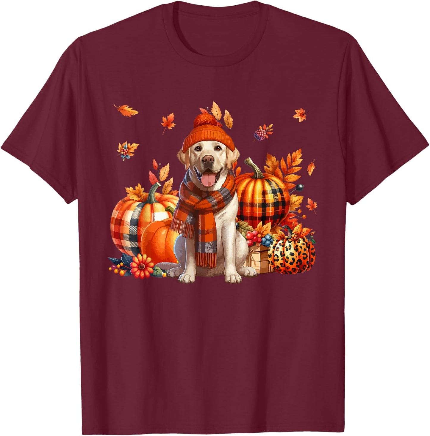 Labrador Retriever Thanksgiving Leopard Pumpkins Fall Leaves T-Shirt - T-Shirt | Maroon