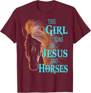 Christian THIS GIRL RUNS ON JESUS & HORSES Equestrian Rider T-Shirt - T-Shirt | Maroon