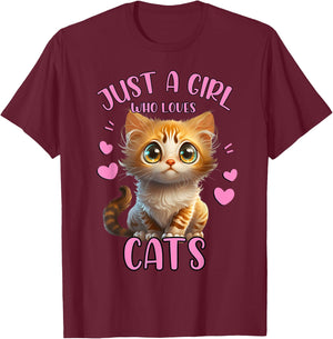 Just a Girl Who Loves Cats Cute Cat Lover Girl Woman T-Shirt - T-Shirt | Maroon