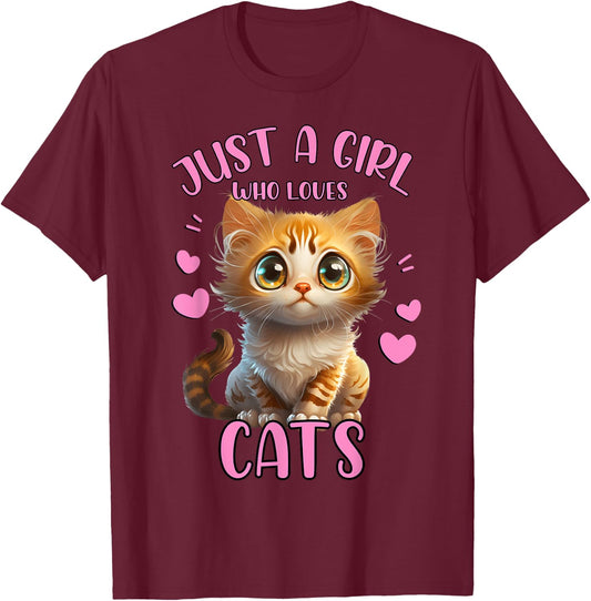 Just a Girl Who Loves Cats Cute Cat Lover Girl Woman T-Shirt - T-Shirt | Maroon