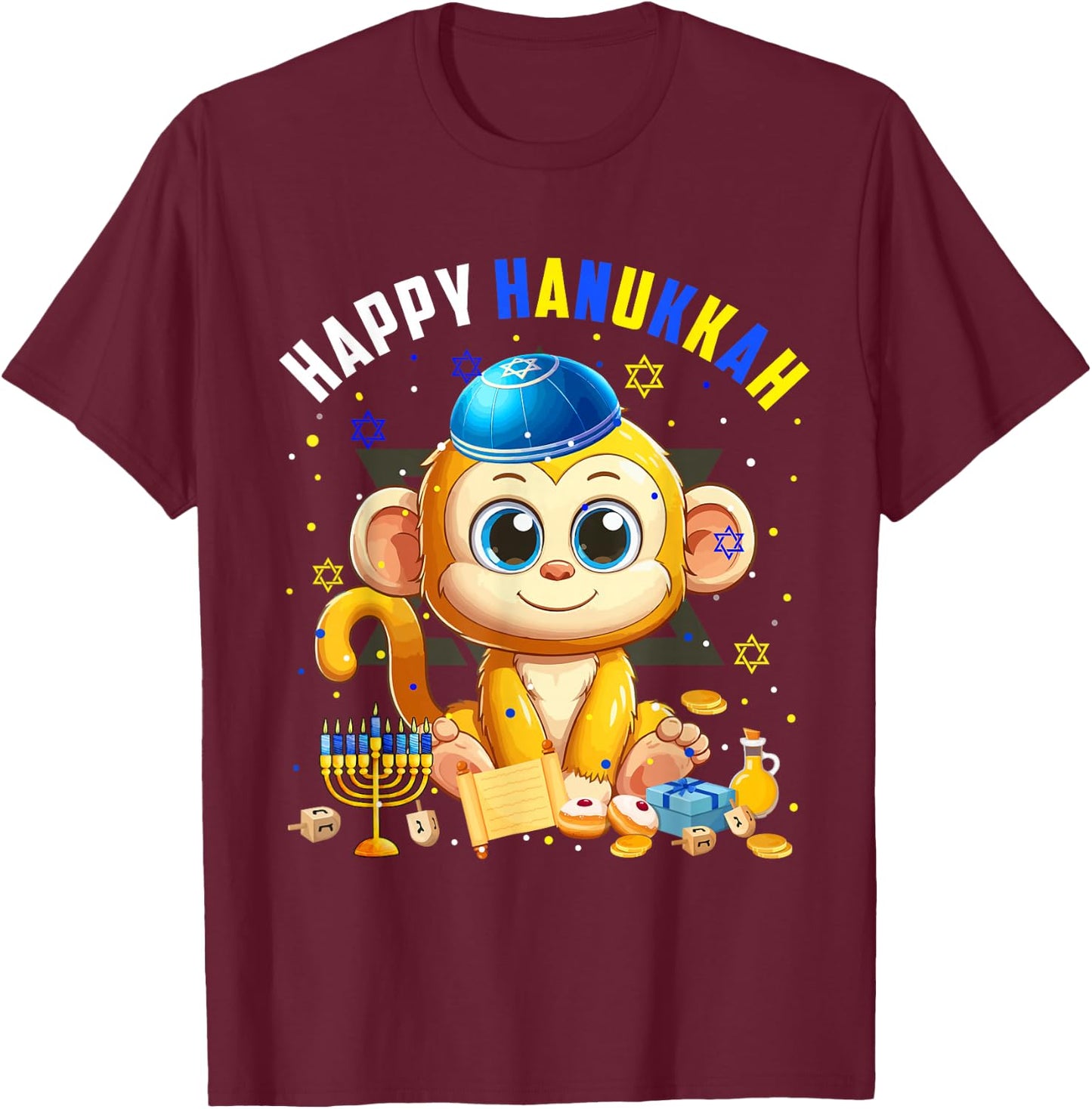 Happy Hanukkah Monkey Costume Jewish Symbols Menorah Lover T-Shirt - T-Shirt | Maroon
