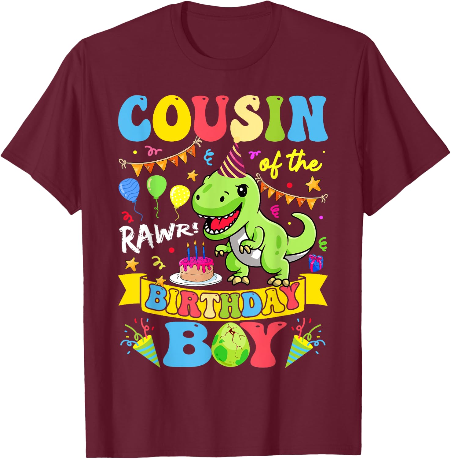 Cousin Of The Birthday Boy T-Rex Dinosaur Birthday Groovy T-Shirt - T-Shirt | Maroon