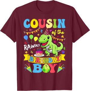 Cousin Of The Birthday Boy T-Rex Dinosaur Birthday Groovy T-Shirt - T-Shirt | Maroon