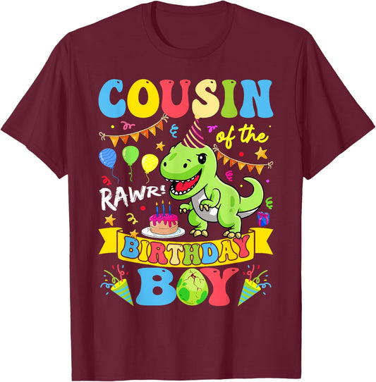 Cousin Of The Birthday Boy T-Rex Dinosaur Birthday Groovy T-Shirt - T-Shirt | Maroon