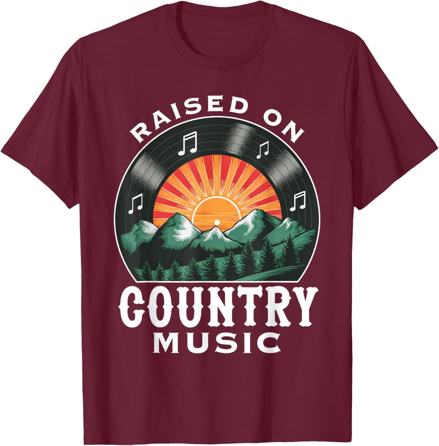 Raised on Country Music Vinyl Vintage Sunset and Mountains T-Shirt - T-Shirt | Maroon