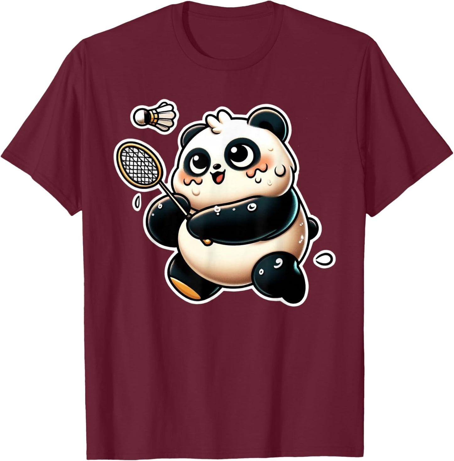 Funny Panda Playing Badminton Cute Sporty Exercise T-Shirt - T-Shirt | Maroon
